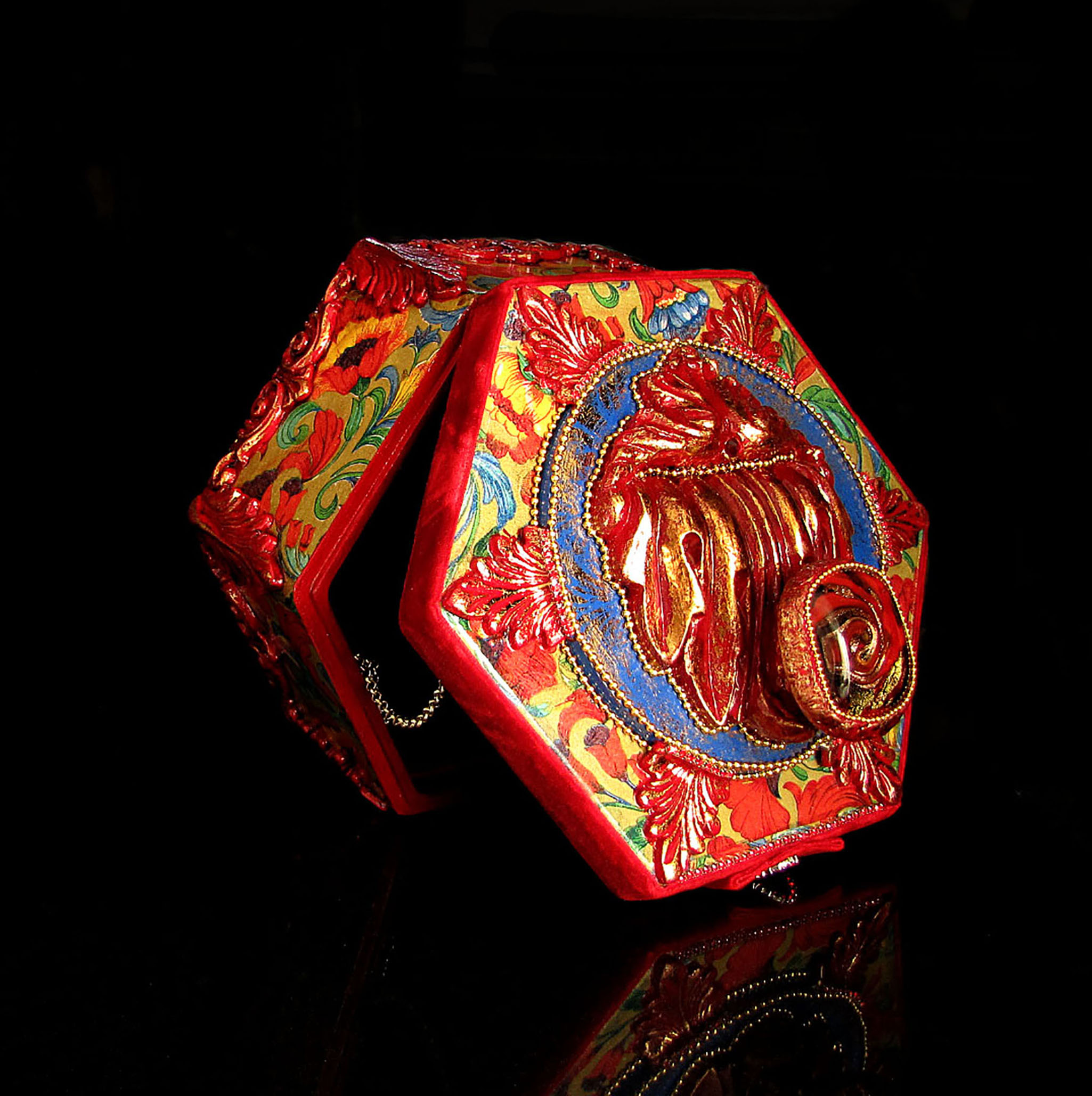 Gold Jewelry box, Large wooden box, Slavic style jewelry Box, Red treasure box