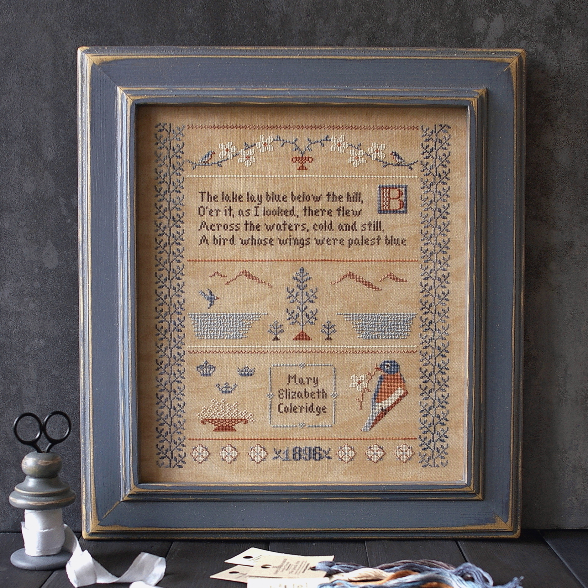 Bluebird Sampler, PDF primitive cross stitch pattern 1 Bluebird Sampler, PDF primitive cross stitch pattern