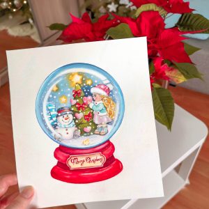Snowball. Christmas cartoon watercolor hand drawing.