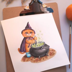 Watercolor illustration of cat wizard. watercolor hand drawing