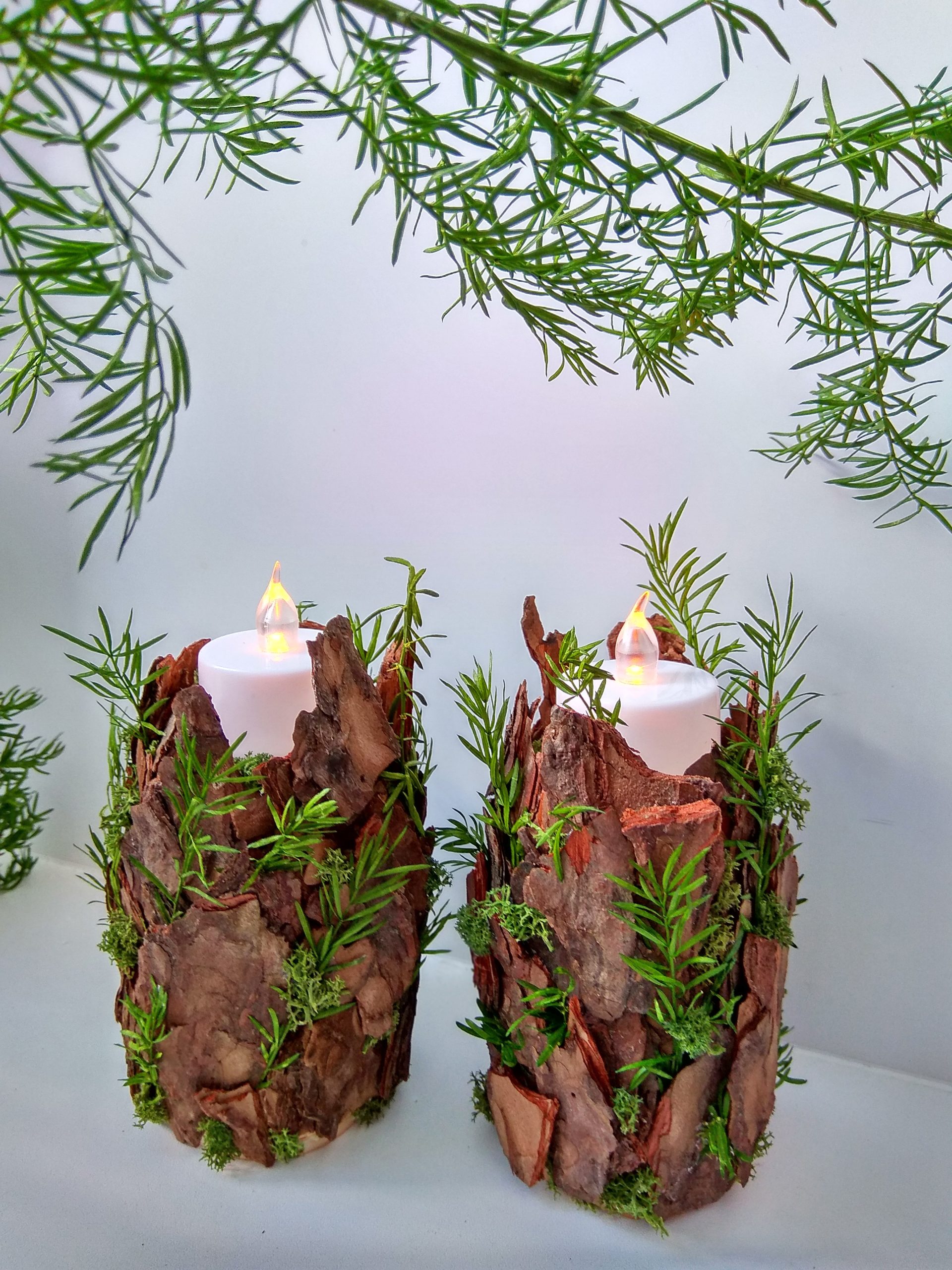 set of candle holders fairy decor moss bark forest decor