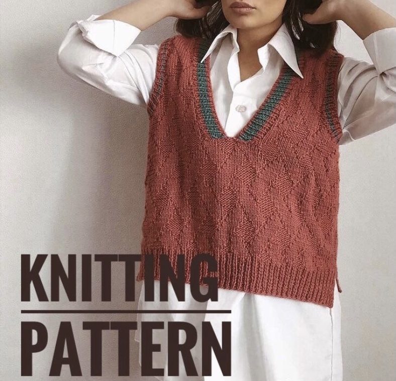 Easy knit vest pattern. PDF knitting pattern. 3 video files