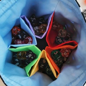 large dice bag with rainbow pockets. Inside view