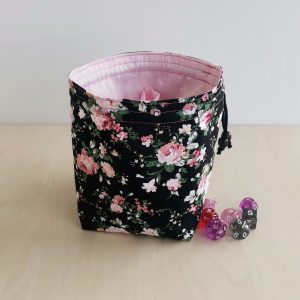 large dice bag with pockets. Rose flower on black. Fit for 150-200 dice