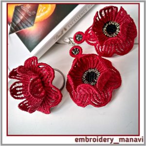 FSL Embroidered Flowers Earrings, brooch, ring Set Jewelry