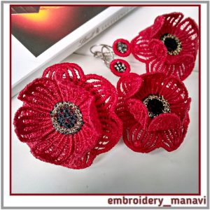 FSL Embroidered Flowers Earrings, brooch, ring Set Jewelry