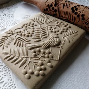 Embossed stamp, engraved rolling pin for cookies, with rowan and bird design