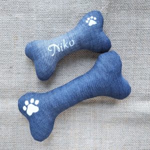 Personalized dog bone, dog toy with squeaky, denim bone