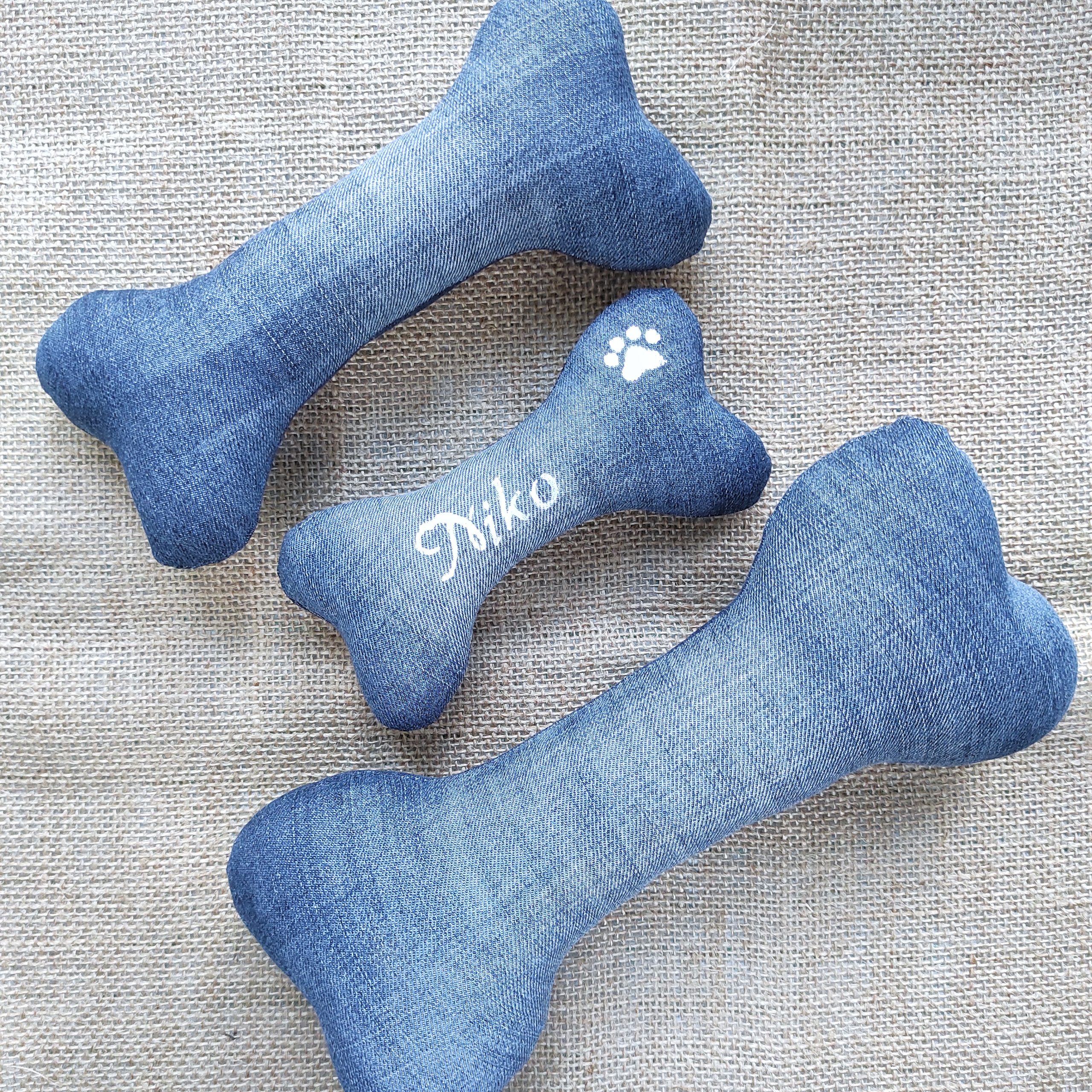 Personalized dog bone, dog toy with squeaky, denim dog bone