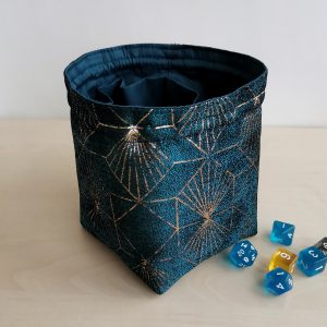 Large dice bag with pockets for 150-200. Teal and gold jacquard