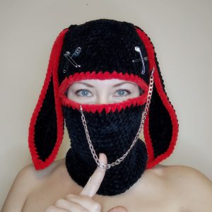 crochet black and red balaclava with long bunny ears, chain and charms