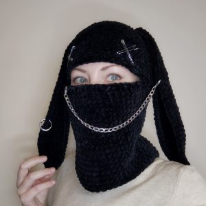 Black bunny balaclava. Velvet crochet balaclava with long bunny ears with chain and charms