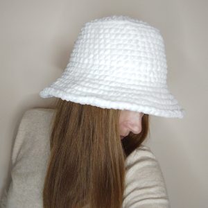 Crochet bucket hat. White fluffy bucket hat.