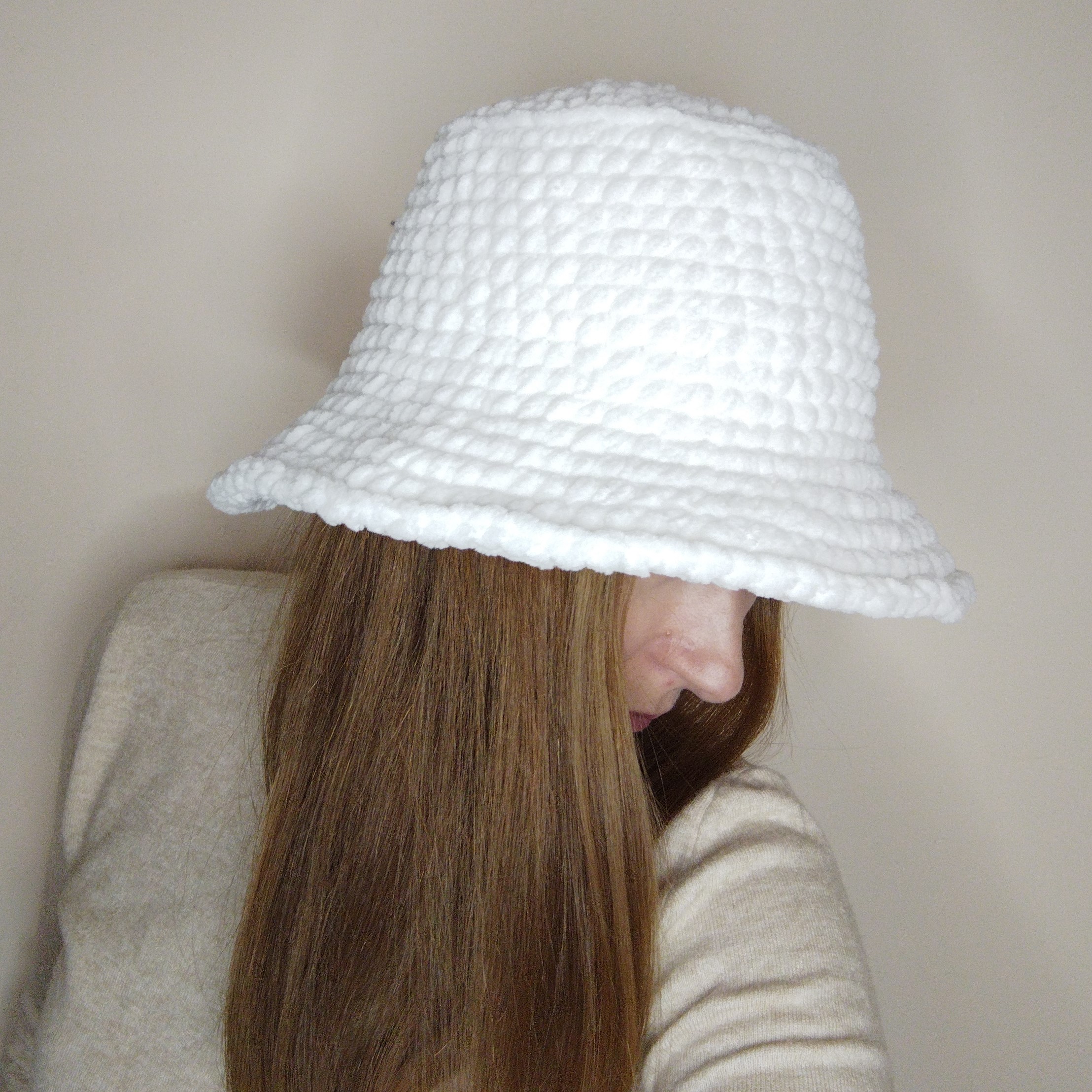 Crochet bucket hat White furry bucket hat Fluffy bucket hat