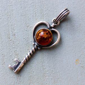 Sterling silver small key pendant Heart key amber stone pendant
