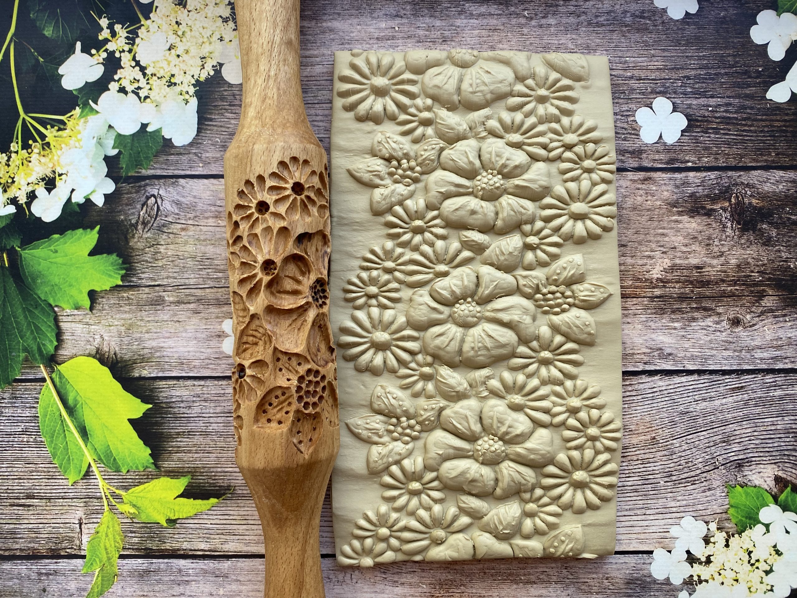 Rolling pins with flowers,rubber stamp for clay - Crealandia