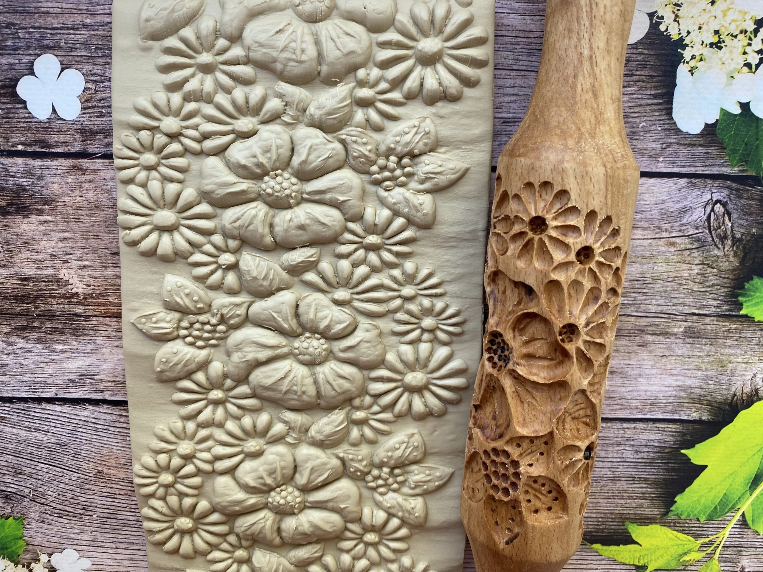 Rolling pins with flowers,rubber stamp for clay - Crealandia