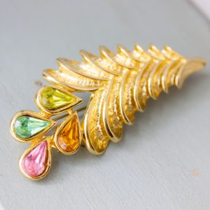 Vintage gold feather brooch Multi color crystal pin Peacock feather brooch