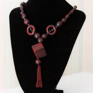 Vintage wooden necklace Cube necklace Boho wood long necklace with tassel