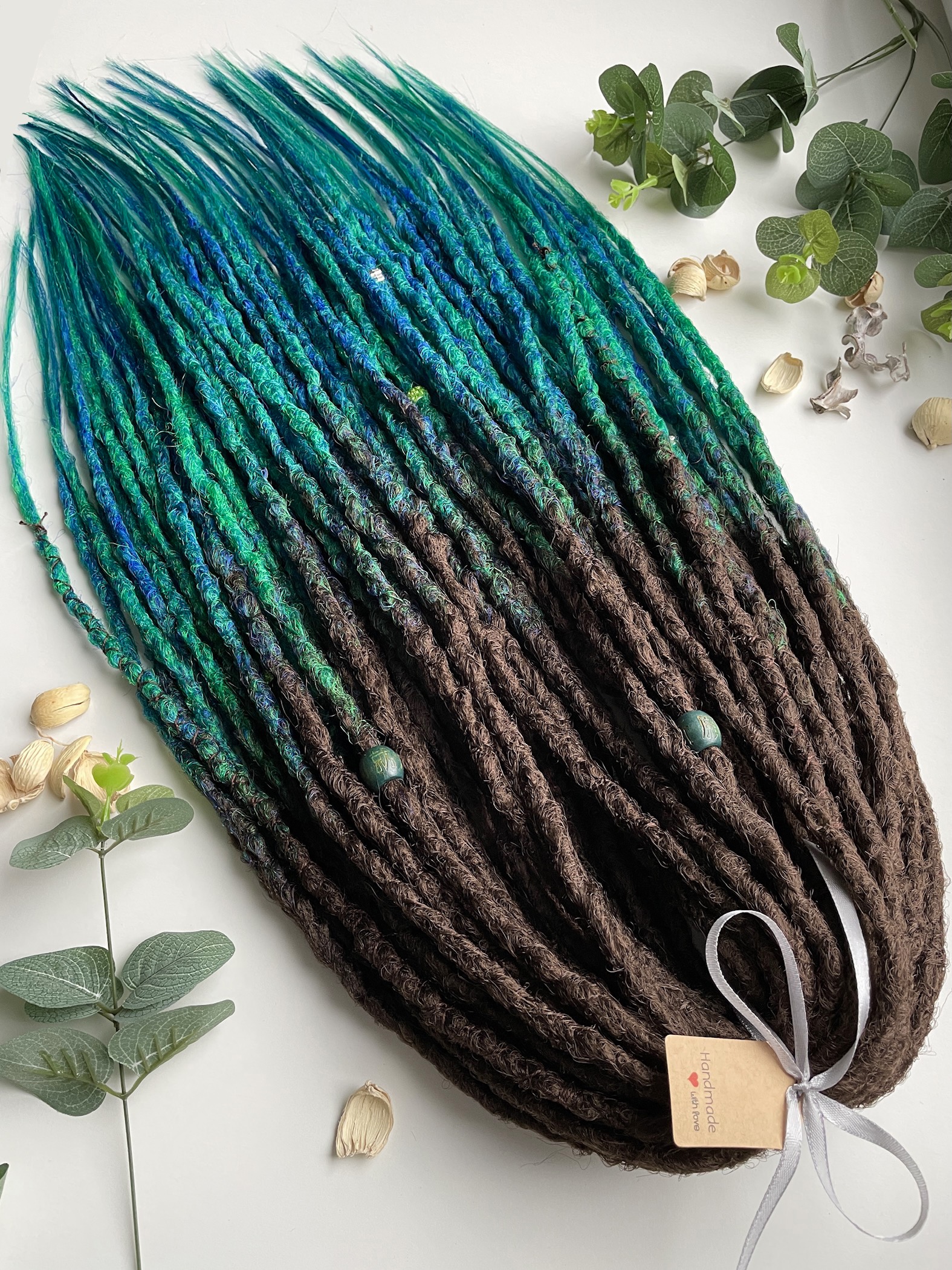 Double ended ombre dreadlocks from brown to green blue, synthetic