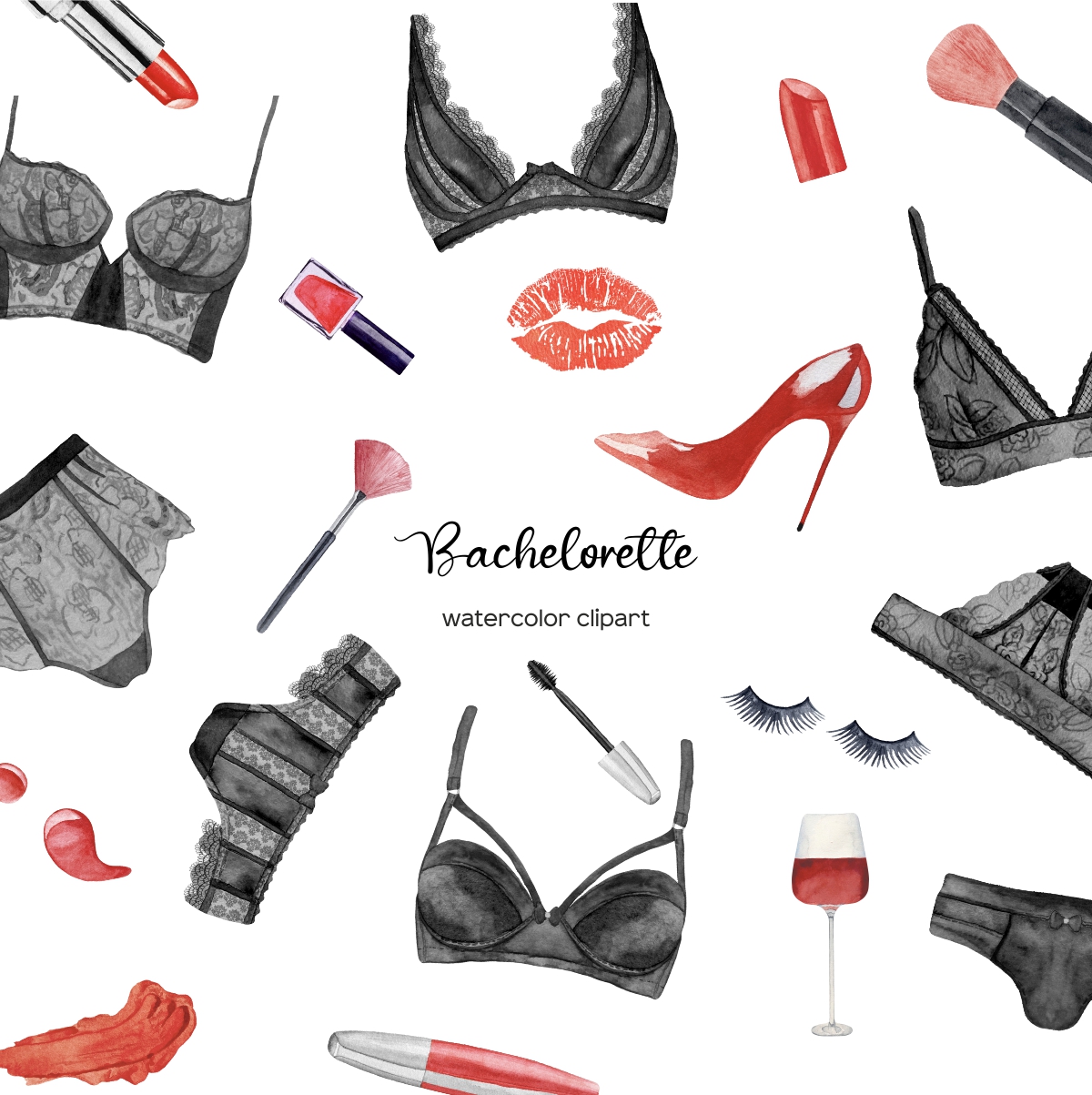 Watercolor lingerie clipart 4 amazing black set and items