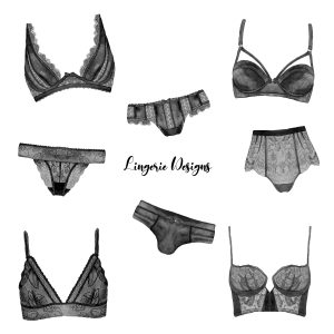 Watercolor lingerie clipart, black and red bachelorette set