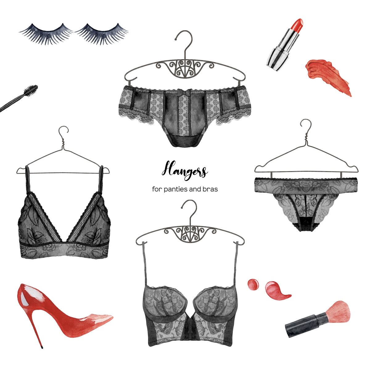 Watercolor lingerie clipart 4 amazing black set and items