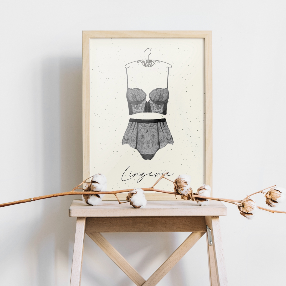 Black lace bra on a bed, watercolour painting, unique artwork gift (print)