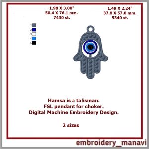 Embroidery design earrinds pendant Hamsa FSL in 2 sizes.