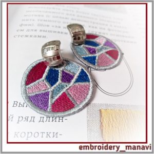 Round Earrings in stained glass technique. Embroidery design.
