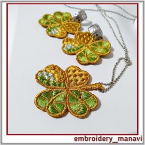 FSL embroidery clover leaf quirky earrings brooch pendant.