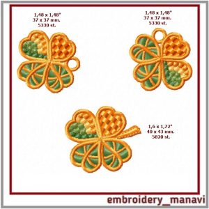 Embroidered FSL holiday jewelry clover leaf quirky earrings, brooch