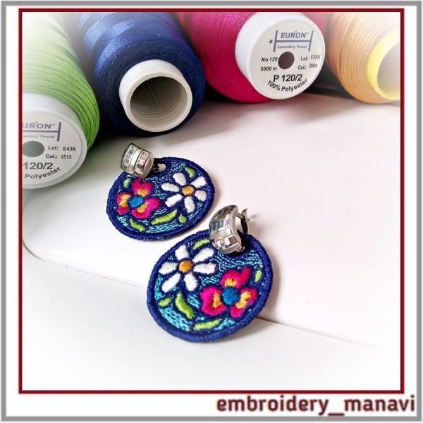 Round FSL earrings in bright flowers. Embroidery design.