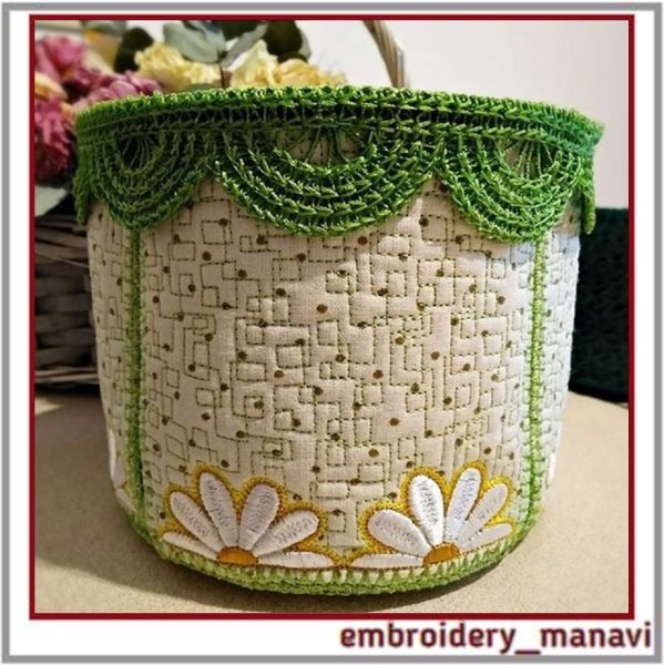 Embroidery design storage box with camomiles flowers and FSL lace.