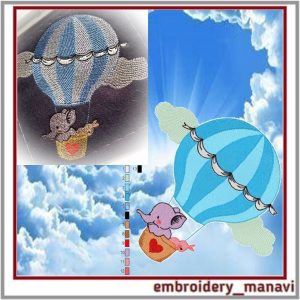 Embroidery design Elephant air balloon. Children embroidery.