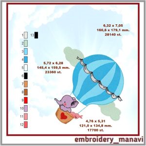 Embroidery design Elephant air balloon. Children embroidery.