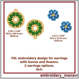 FSL embroidery design earrings wreath of leaves 3D flower.