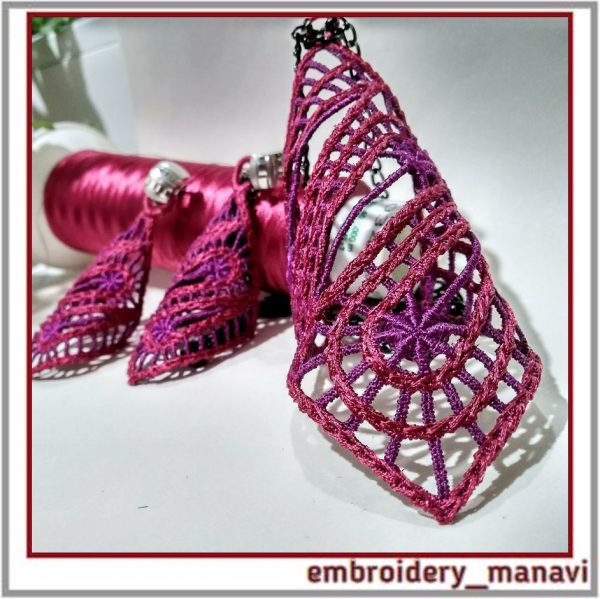 FSL Jewelry pendant, quirky earrings. Machine Embroidery.