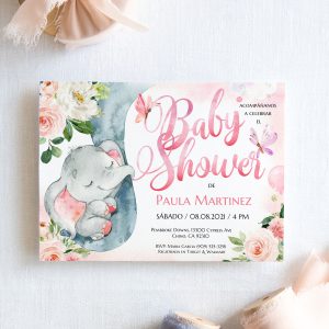 Girl elephant baby shower invitation pink editable Corjl