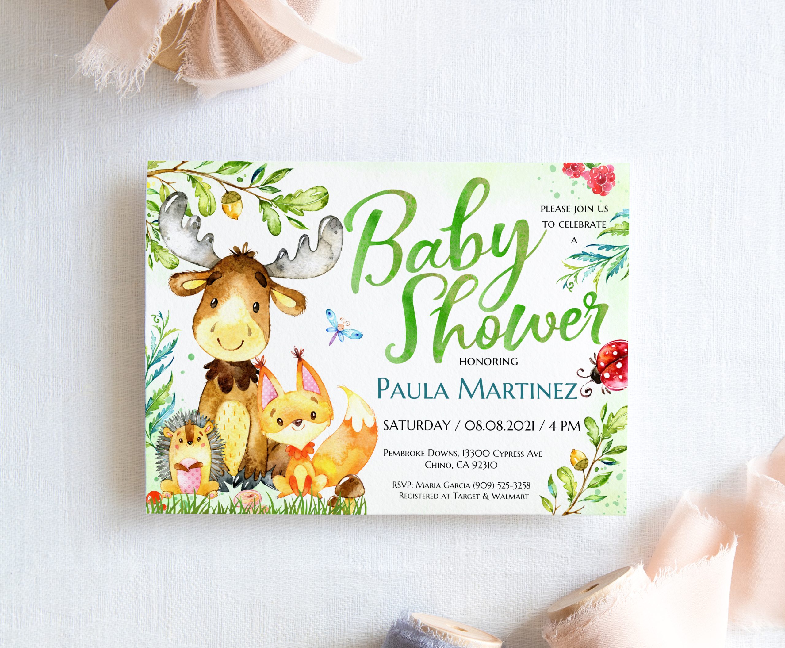 Woodland spanish baby shower invitation editable Corjl