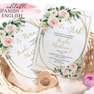 Pink floral baby shower invitation templates girl editable Corjl
