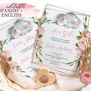Sleep elephant baby shower invitation pink girl editable Corjl