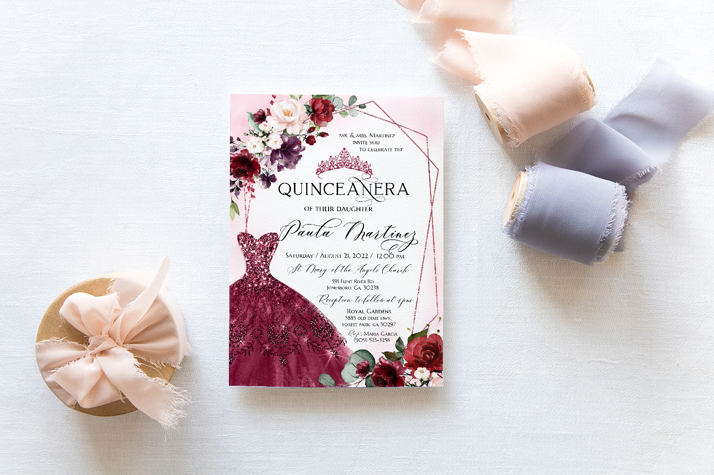 Quinceanera invitation templates red rose editable corjl