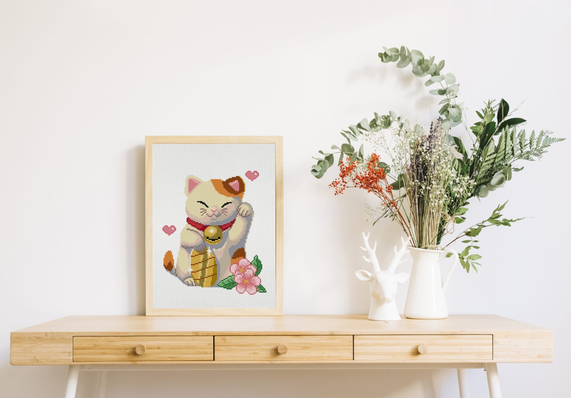 Lucky cat cross stitch pattern. Maneki-neko cross stitch. 6 maneki-neko
