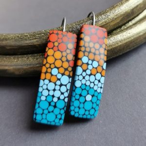 Blue orange mosaic earrings polymer clay. Silver 925. Hypoallergenic