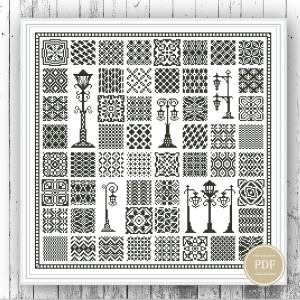 Cross Stitch Pattern Sampler Old Lantern Monochrome Ornament Digital PDF 103
