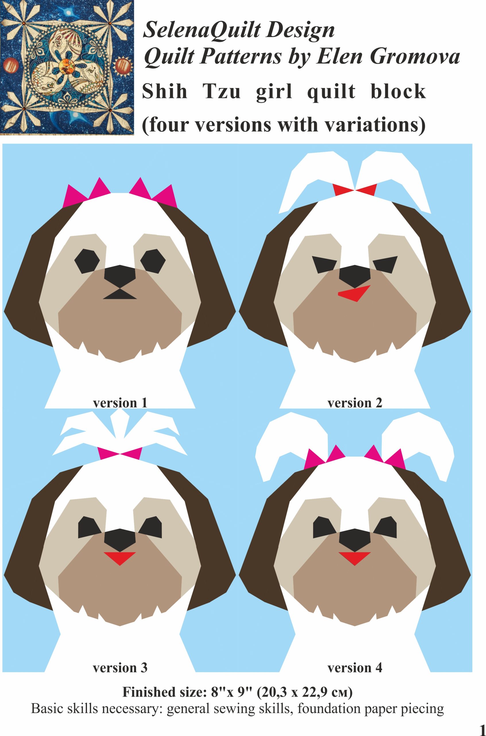 Shih Tzu girl quilt block PDF pattern 4 versions. Paper Piec