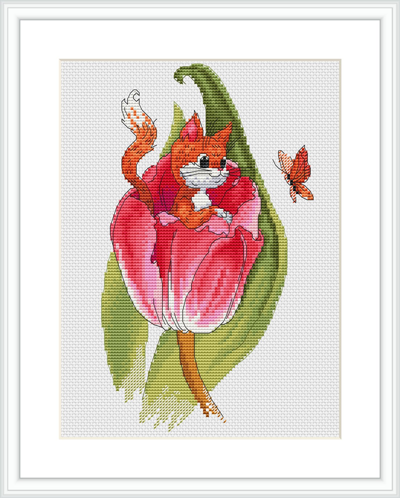 red flower cat cross stitch 