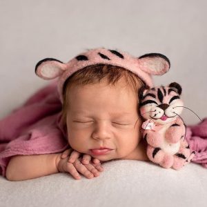 Felted tiget toy and tiger hat. Newborn prop tiger costume.