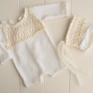 Newborn photo prop white outfit. Cream newborn romper and bonnet